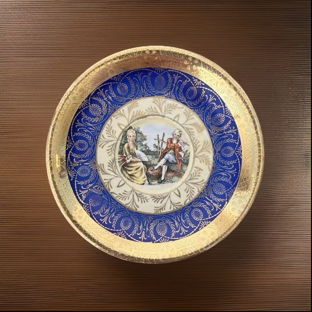 Vtg Porcelain Dish Victorian Couple Scene 22k Gold Blue Romantic Rococo rural